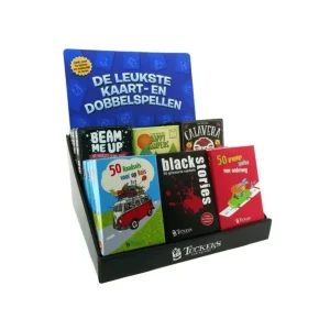 Display met de Leukste Dobbel en Kaartspellen van Tuckers Fun Factory
